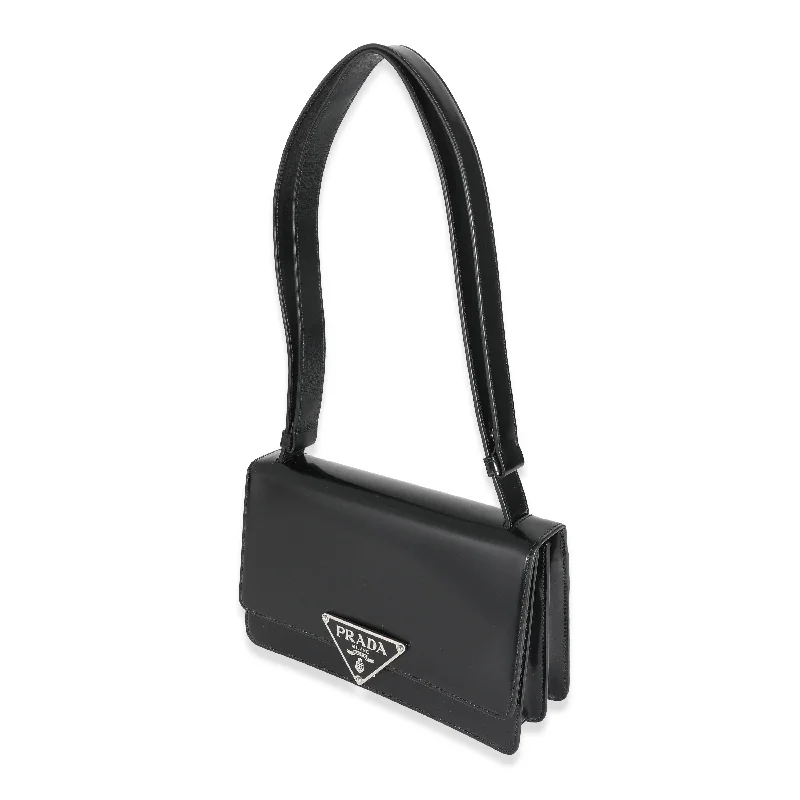 Prada Cleo bags with a curved shape and a chain - link shoulder strapPrada Black Brushed Spazzolato Emblème Flap Bag