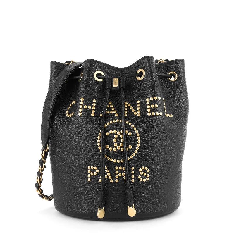 Deauville Drawstring Studded Caviar Bucket Bag