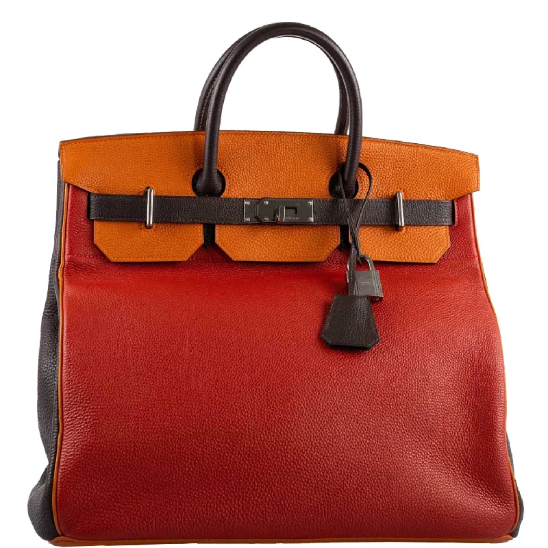 Hermès HAC Birkin 40 Tri-Color Rouge Garance, Chocolat & Terre Battue Fjord Leather Ruthenium Hardware - 2006, J Square